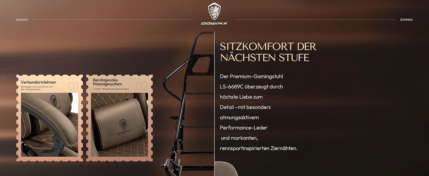 Ігровий крісло Dowinx з регульованою підніжкою, масажером попереку та офісним комфортом, до 200 кг, нахил спинки 165°, коричневий