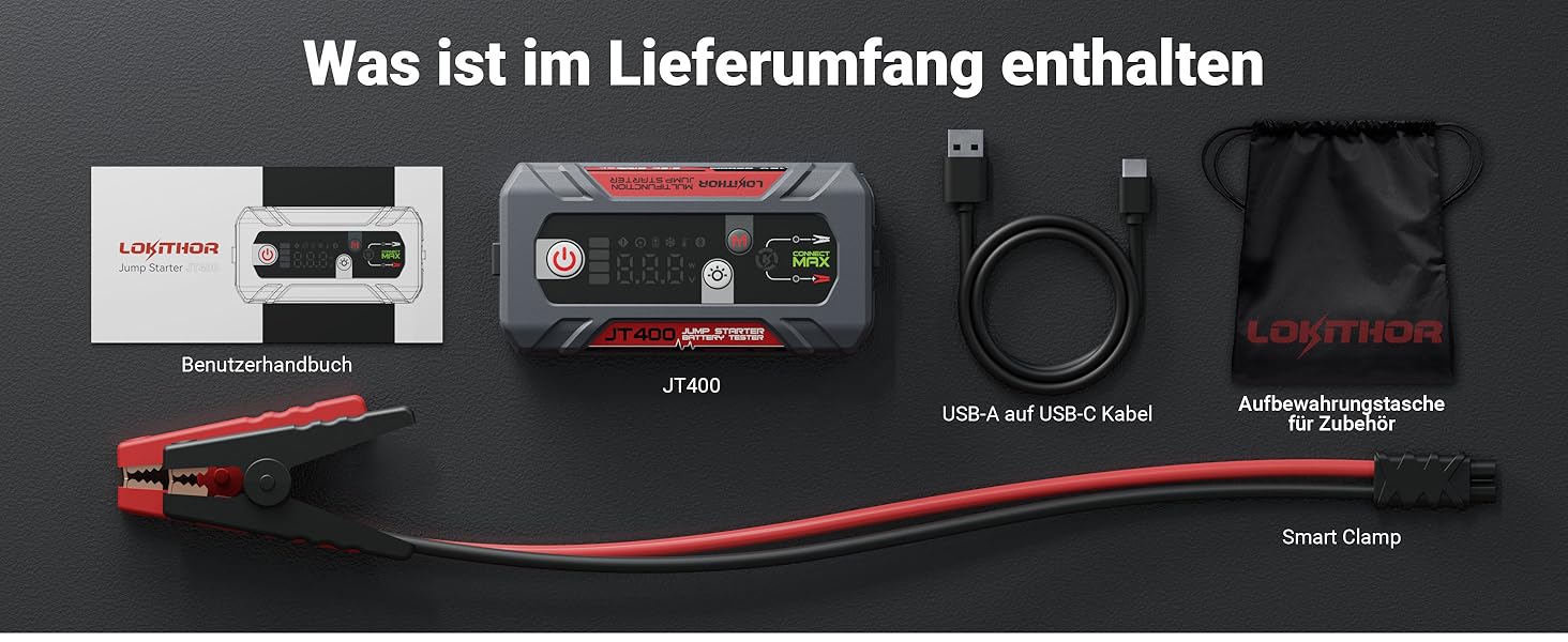 Портативний пусковий пристрій та тестер акумулятора LOKITHOR JT400: 2500A, 12V, для бензинових (8.5L) та дизельних (6.5L) авто
