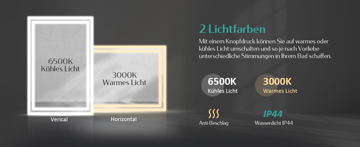 Дзеркало для ванної кімнати EMKE з підсвічуванням 50x60 см, з вимикачем-кришкою, антивміст, 2 кольори світла (тепле/холодне), LED, горизонтальне/вертикальне встановлення