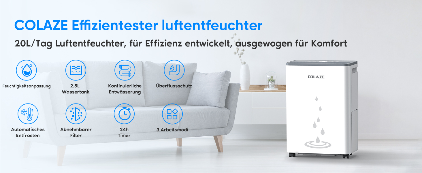 Електричний осушувач повітря COLAZE 20л/24г, для дому, підвалу, квартири, 150 м³ (50 м²), тихий, 20л-NEW