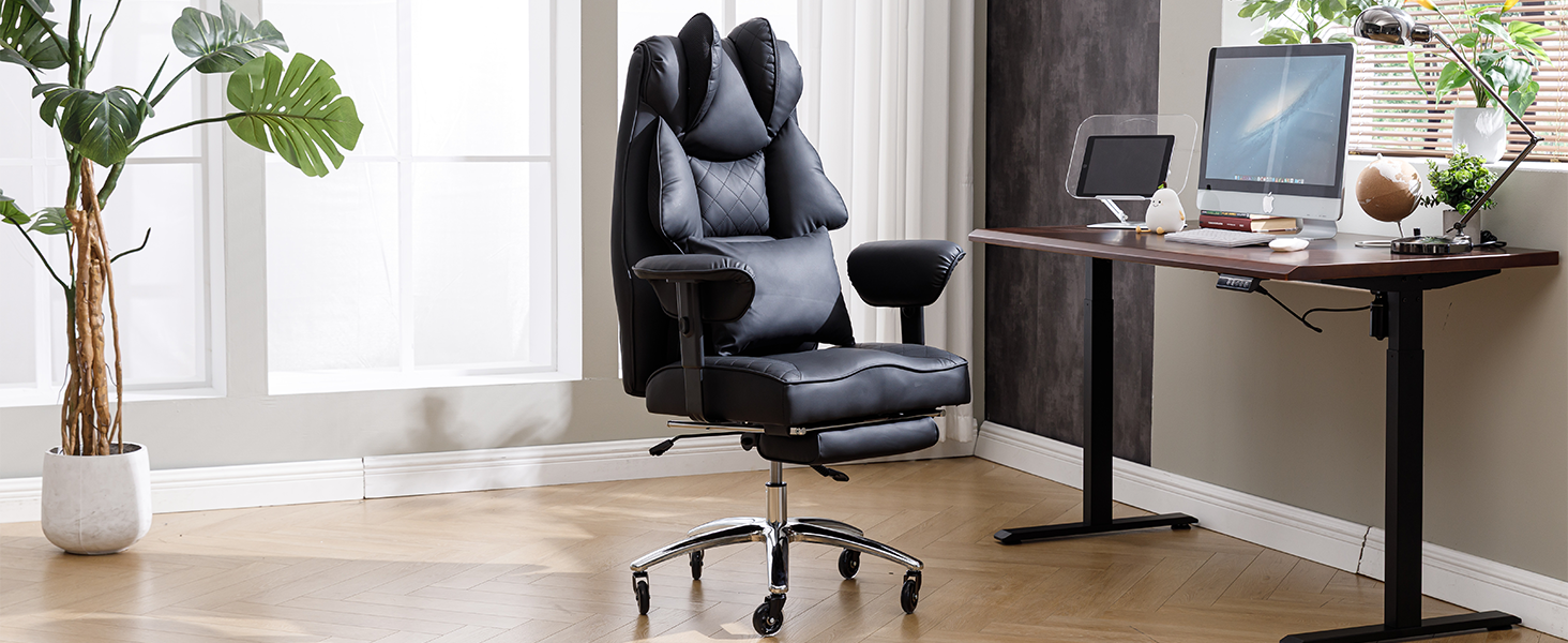 Офісний крісло Asukale Ergonomic 200kg з підніжкою, поперековою подушкою та широким сидінням, регульоване по висоті, імітація замші (чорний)