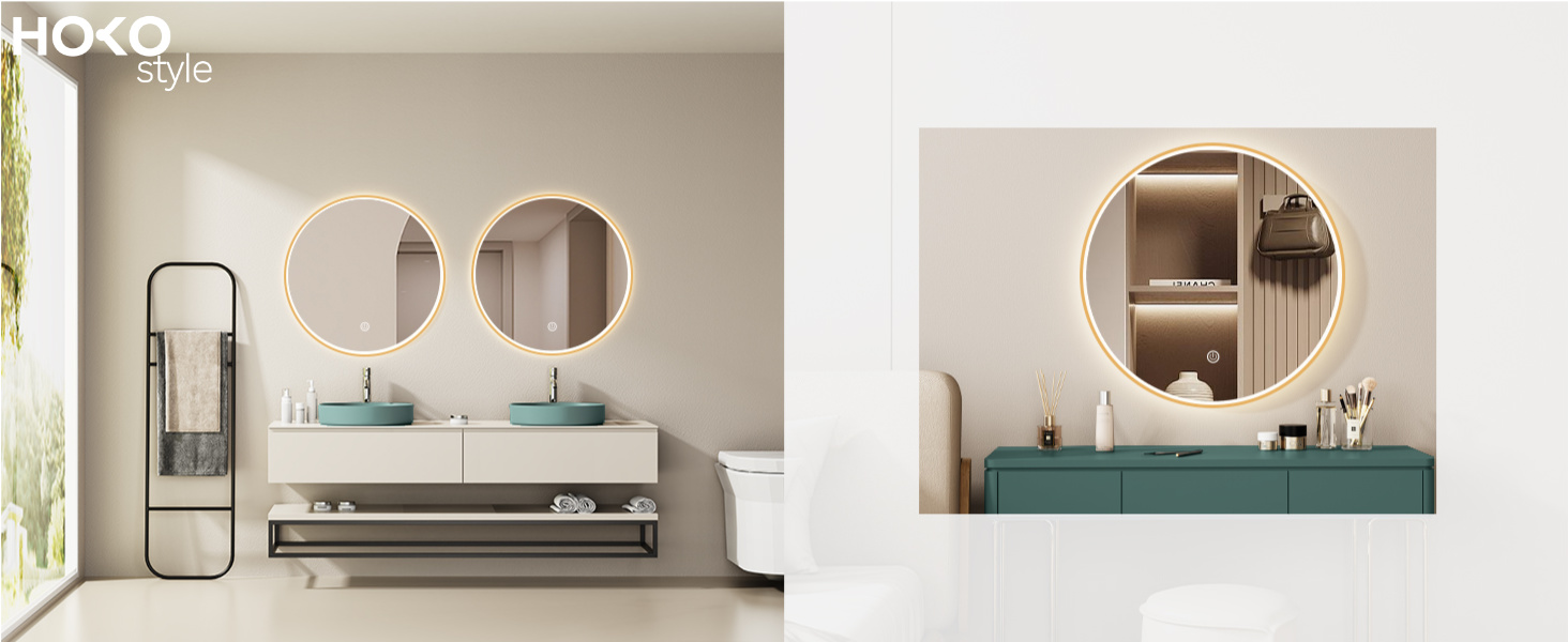 Дзеркало для ванної кімнати HOKO Design Riga, кругле, 60 см, з металевим каркасом Gold. LED-підсвічування, сенсорне керування, зміна кольору світла (тепле, холодне, нейтральне). 60 x 60 см