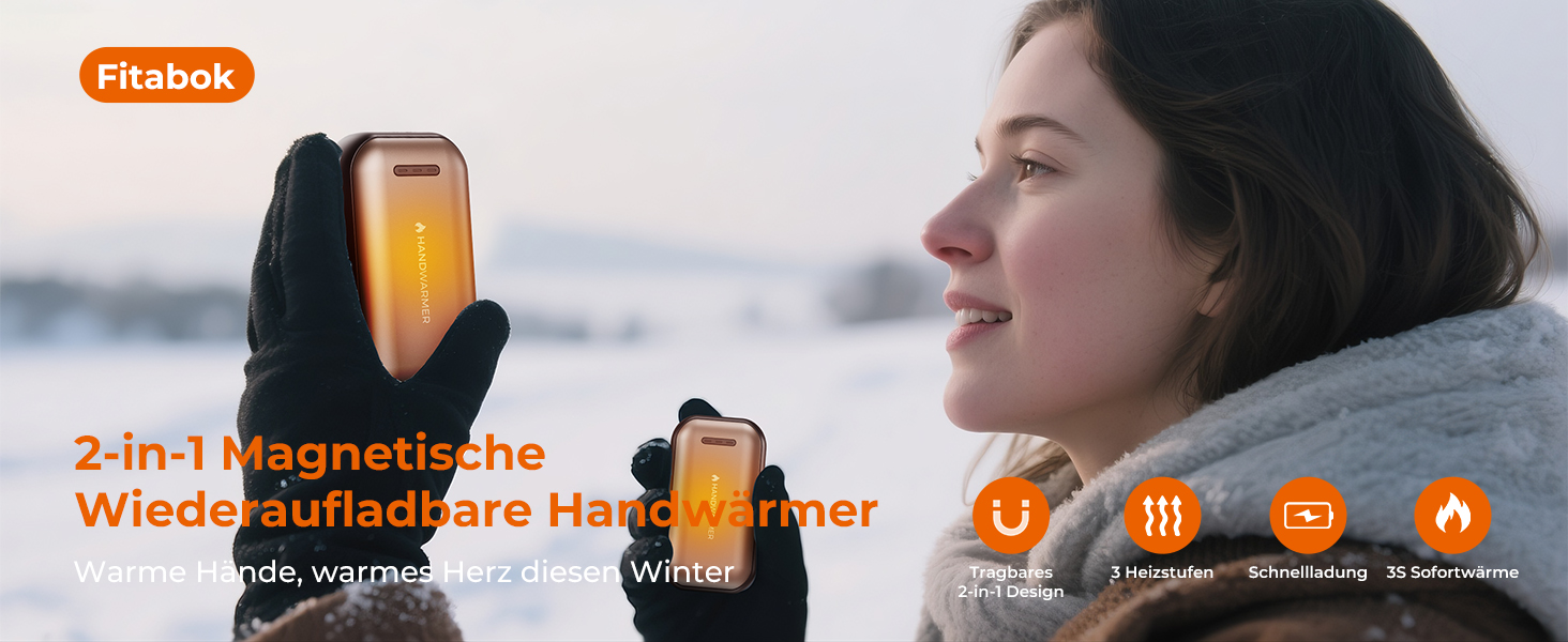 Електричний гріє для рук Fitabok 2 шт. – 6000mAh, магнітний, USB-C, 3 рівні нагріву до 55°C, для активного відпочинку, кемпінгу, гольфу, синдром Рейно