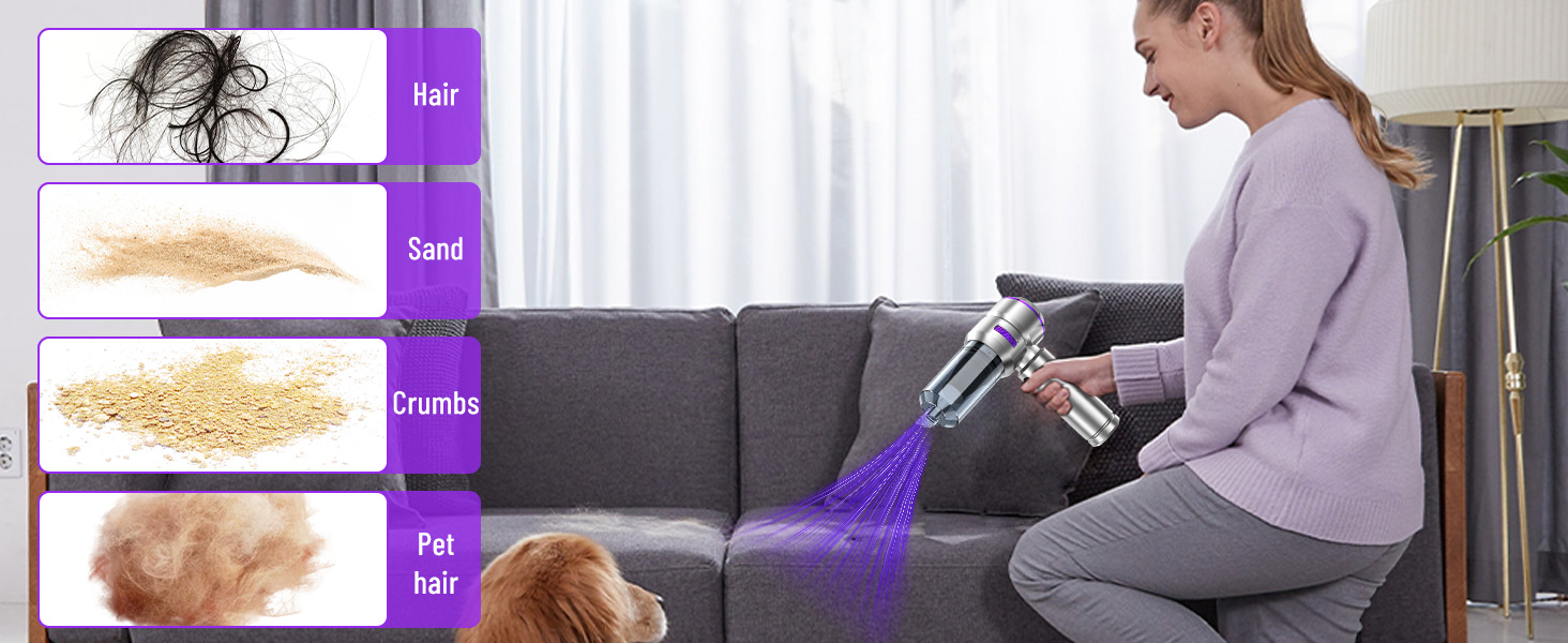 Акумуляторний ручний пилосос 4 в 1 для авто та дому, безщітковий двигун 22000Па, потужність 6000 мАг, портативний електричний пилосос-подув з набором щіток (Сріблясто-фіолетовий)