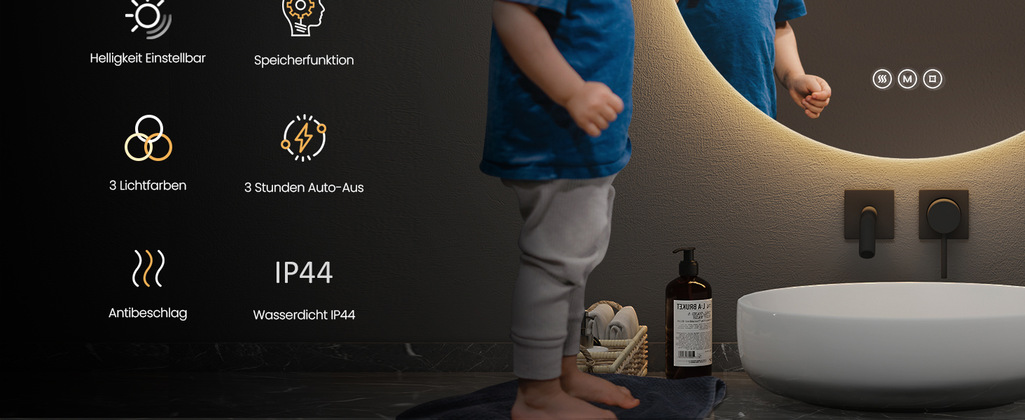 Дзеркало для ванної кімнати EMKE з підсвічуванням, діаметр 50 см, регульоване холодне біле світло, функція пам'яті, вимикач, IP44, енергозберігаюче, з підсвічуванням ззаду, дзеркало для ванної кімнати (3 кольори світла + проти запотівання, 80 x 80 см)