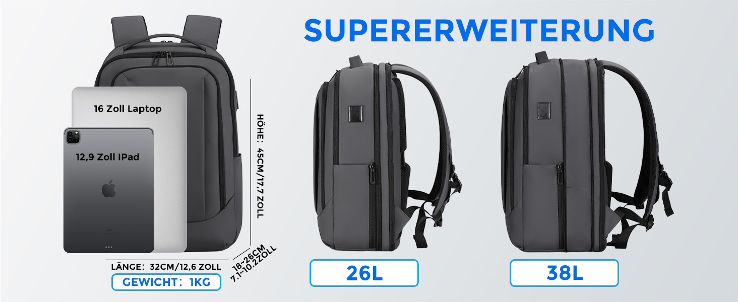 Рюкзак для ноутбука FENRUIEN 26L-38L, бізнес, 15.6 дюймів, USB-порт для зарядки, чорний, для чоловіків і жінок