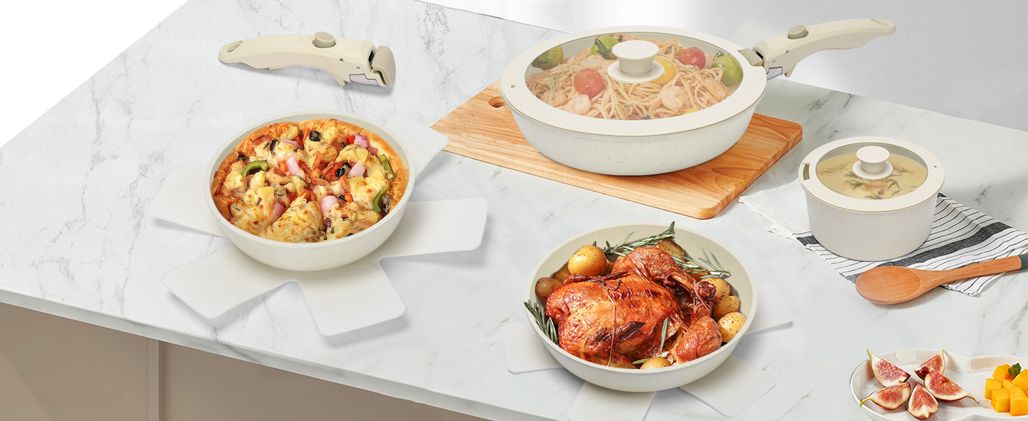 Набір посуду GFTIME 17-ти частинний з антипригарним покриттям Ceramic, для всіх плит (індукція), зі знімними ручками, 20/26 см скляні кришки, без PFOA/PTFE/PFAS