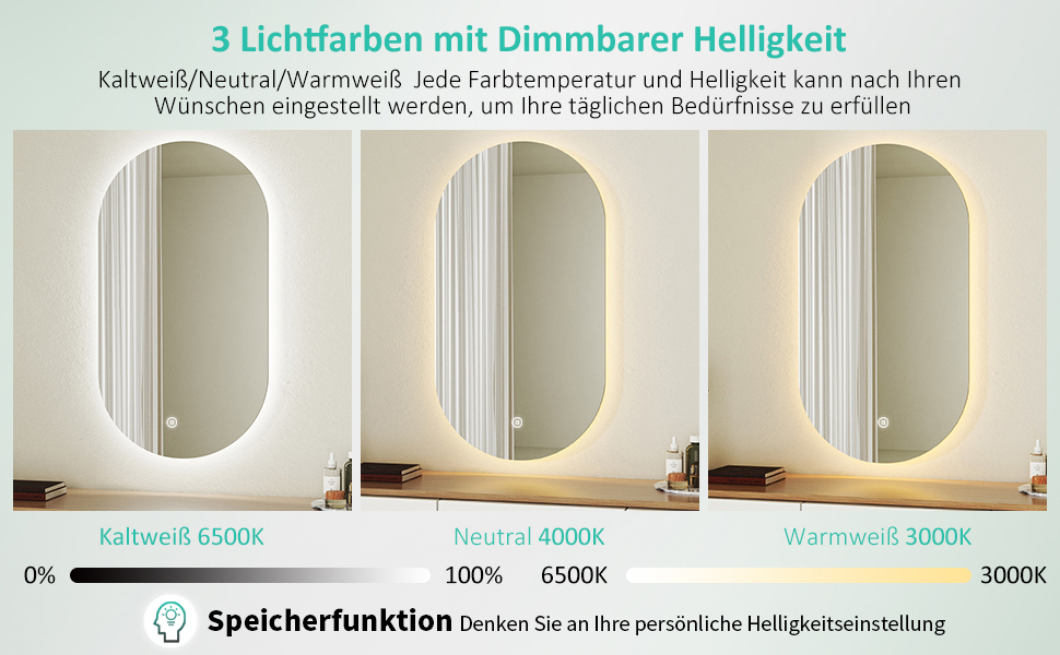 Дзеркало для ванної кімнати Boromal з підсвічуванням, овальне LED, 50x90 см, сенсорне керування, диммування, 3 кольори світла