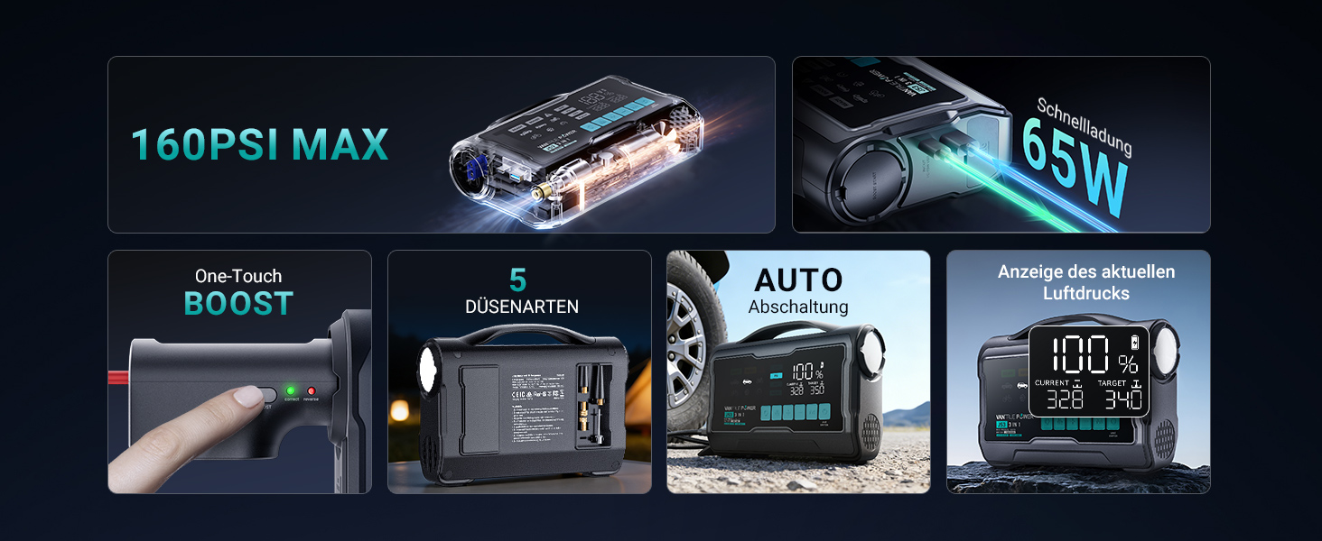 Пусковий пристрій для авто VANTRUE POWER JS3: бустер-павербанк з компресором 160 PSI, чорно-сріблястий