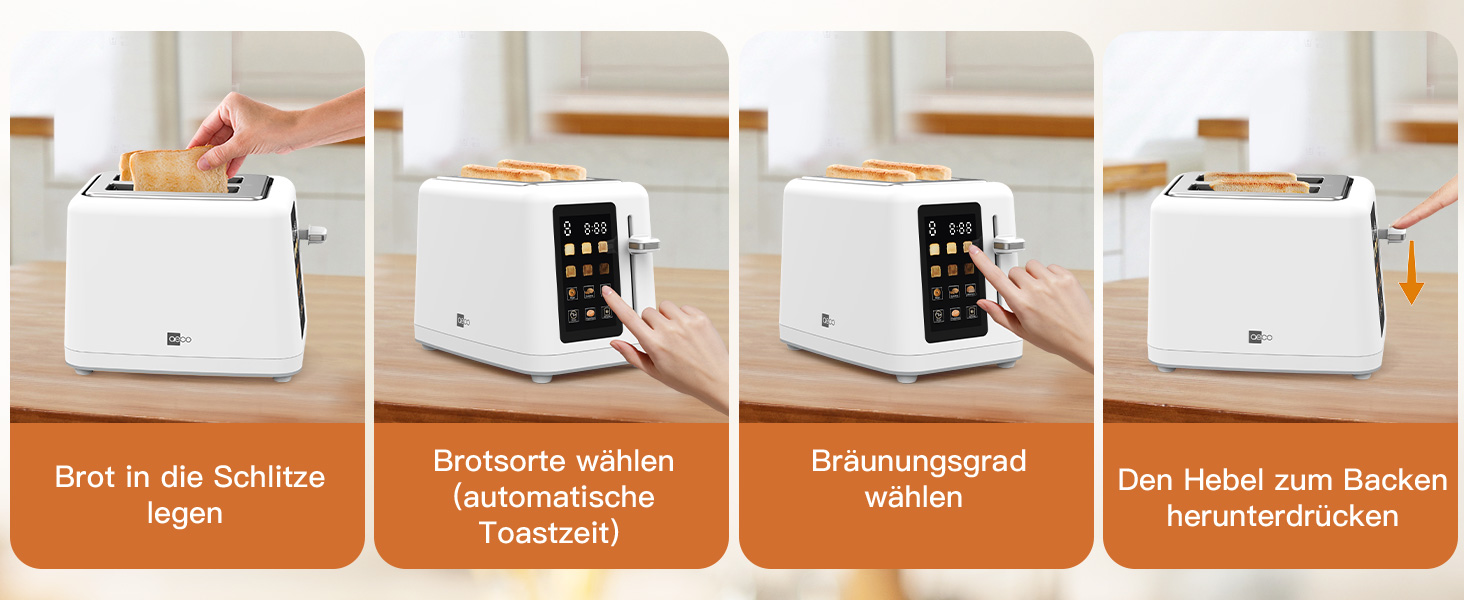 Тостер aeco toastlab Elite на 2 тости, з підставкою для булочок, широкі слоти, 6 рівнів підсмажування, 10 програм, 850W, LCD-дисплей, функція підйому, розморожування, піддон для крихт (MAX)