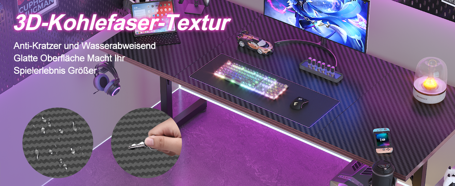 Ігровий стіл Devoko 160x60 см з LED підсвічуванням, підставка для монітора, карбонове покриття, ергономічний дизайн, чорний