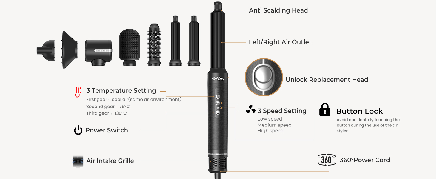 Hairstyler UKLISS Pro 7-в-1 з іонізацією: фен-щітка, кругла щітка, аеробраш для створення локонів (Чорний)