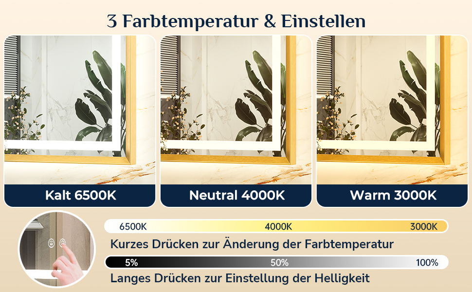 Дзеркало для ванної кімнати Keonjinn з підсвічуванням, 50x70 см, золотий металевий каркас, LED, сенсорне управління, 3 кольори світла, диммування, без запотівання, пам'ять налаштувань