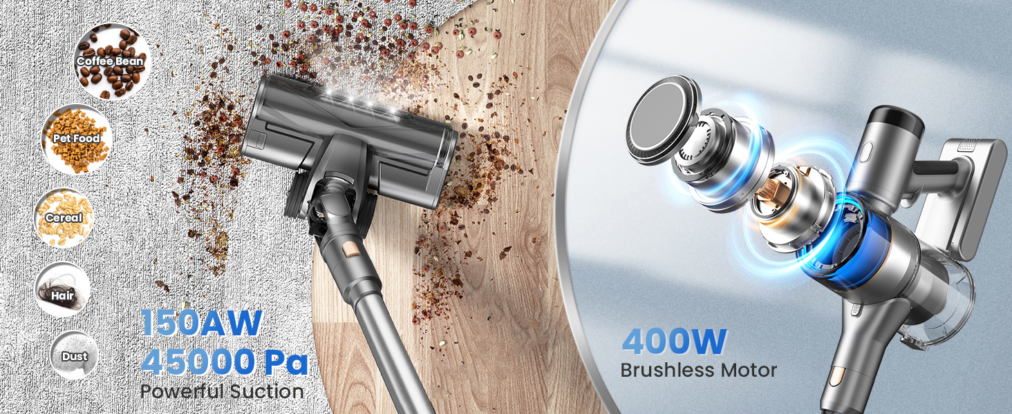 Акумуляторний пилосос Dzaki 45KPa бездротовий без мішка з дисплеєм, антинамотувальна щітка, 55 хв роботи, знімна батарея, для твердих поверхонь, шерсті тварин, килимів, авто (Золотистий сірий)