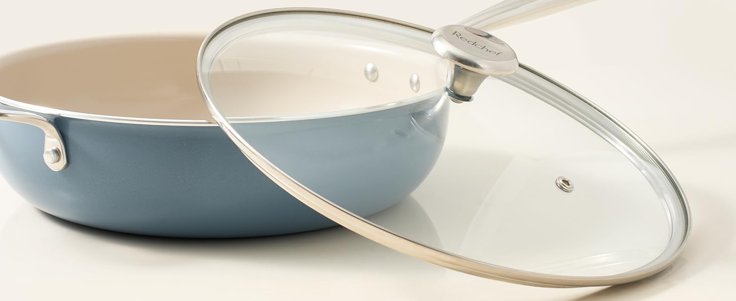 Сковорода Redchef 28 см з кришкою, антипригарне покриття, керамічна сковорода для індукції, з нержавіючою ручкою, без PTFE, PFOA, PFAS, для духовки, придатна для миття в посудомийній машині (Блакитна)