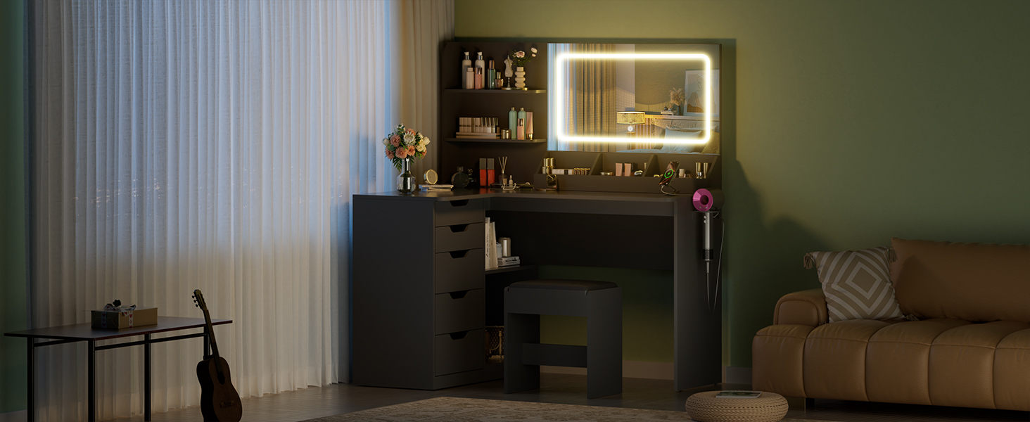 Дзеркальний столик для макіяжу Devoko з LED-підсвічуванням та пуфом, кутовий туалетний столик з розеткою, 5 ящиків, відкриті полиці, тримач для фену, для спальні (Білий) (Чорний)