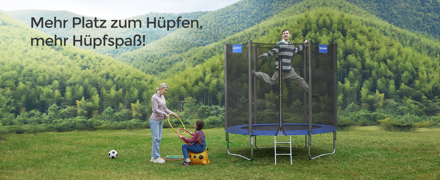 Батут SONGMICS вуличний Ø183/244/305/366/427 см, дитячий садовий батут з захисним покриттям, сіткою, драбиною та м'якими стійками (183 см, Синій)