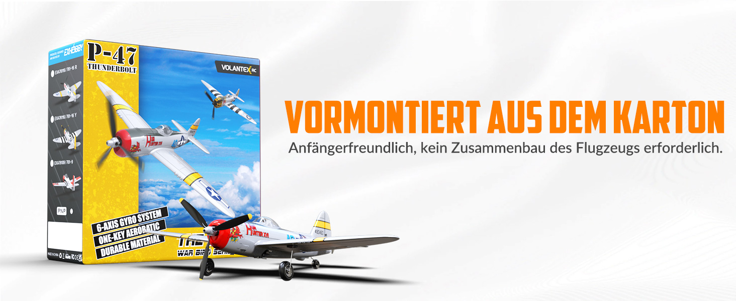 Радіокерований літак Volantexrc P-47 RTF 2.4GHz з гіростабілізацією, USB зарядкою, акумулятором та пультом – для початківців та досвідчених пілотів