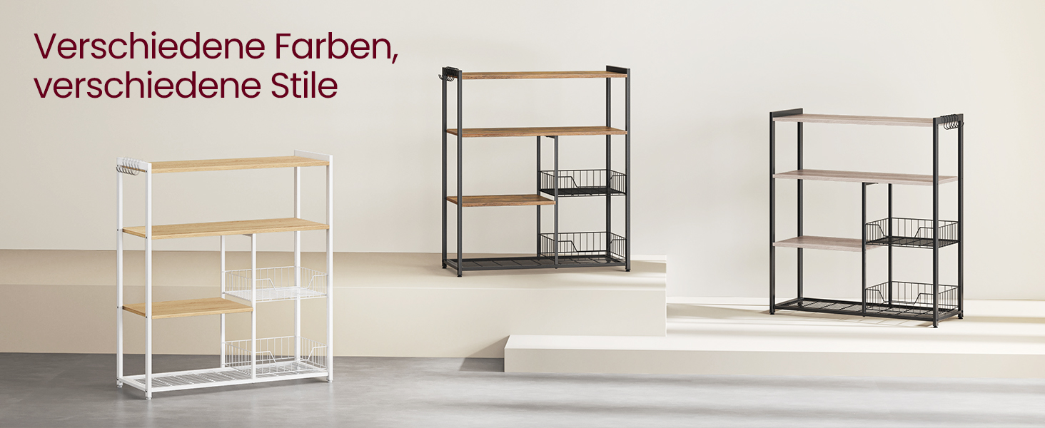 Стелаж кухонний VASAGLE з 2 металевими кошиками, рейли та полиці, для мікрохвильової печі, 35 x 80 x 93,5 см, золотий дуб + білий