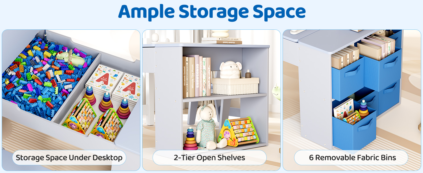 Дитячий стіл зі стільцями, комплект з дерева, дитяча група сидіння з місцем для зберігання, стіл для малювання з рулоном паперу, стіл для малювання та рукоділля для дітей від 3 років (Блакитний)