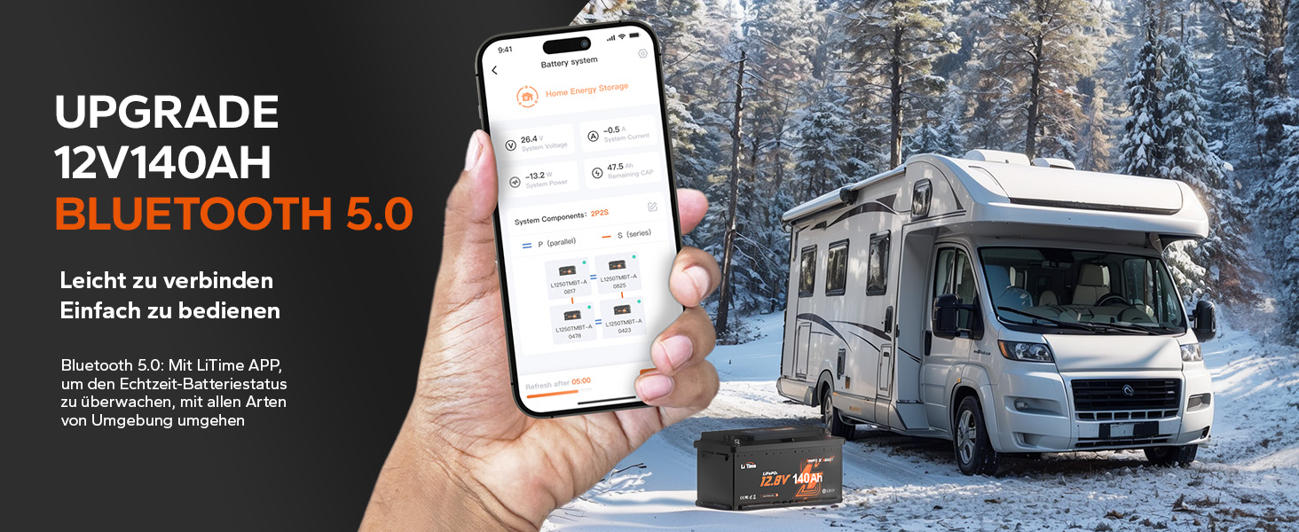 LiFePO4 акумулятор LiTime 12V 140Ah H190 з Bluetooth для кемпера та автобудинку, літієва батарея