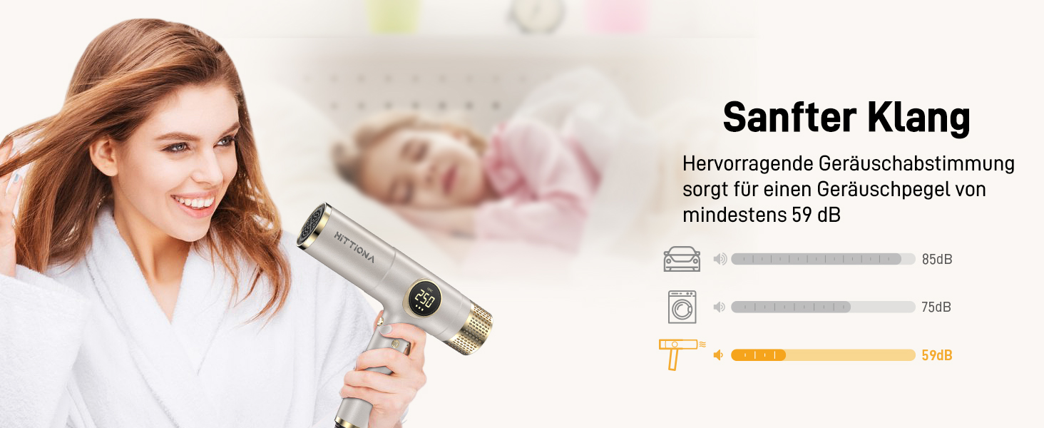 Іонічний дорожній фен HITTIONA 3 в 1 з диффузором, золото: швидке сушіння, подвійна напруга (100-240V), низький рівень шуму