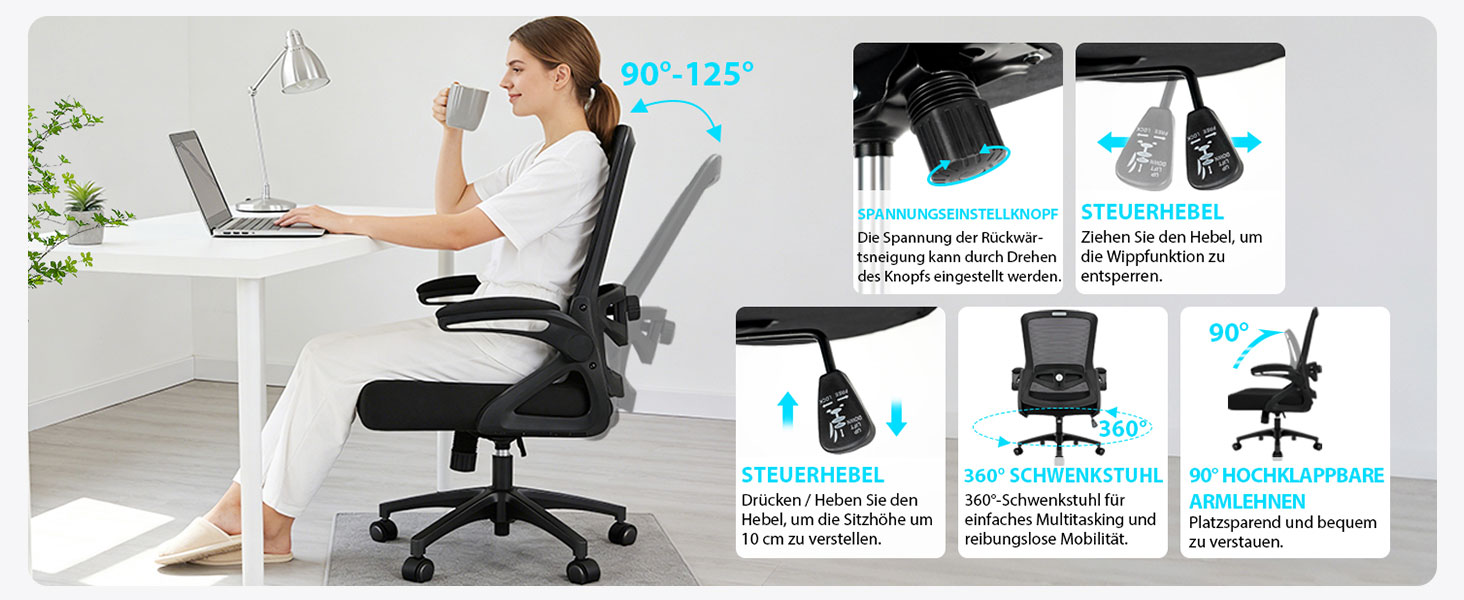 Ергономічне крісло для офісу, комп'ютерне крісло з регульованою 4D поперековою підтримкою, поворотне крісло з відкидними підлокітниками, крісло з функцією нахилу 90°-125°, сітчасте крісло до 130 кг, чорне