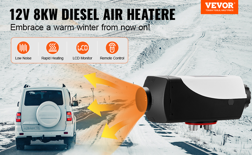 Автономний дизельний опалювач VEVOR 12V 8kW з LCD-дисплеєм та пультом дистанційного керування, 0.16-0.62 л/год, дизельний опалювач для автомобіля