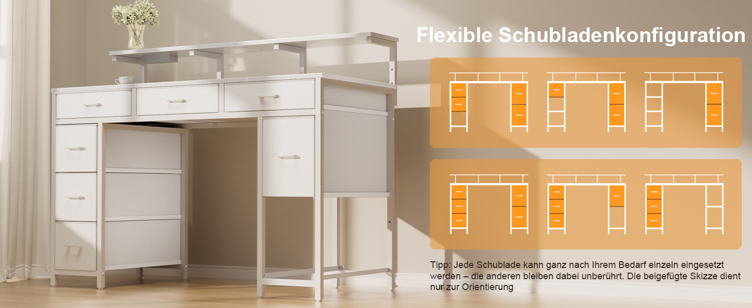 Комп'ютерний стіл з 8 висувними ящиками, 2 розетками та USB-портами, LED-підсвічуванням та підставкою для монітора, 120 x 50 x 74 см, білий