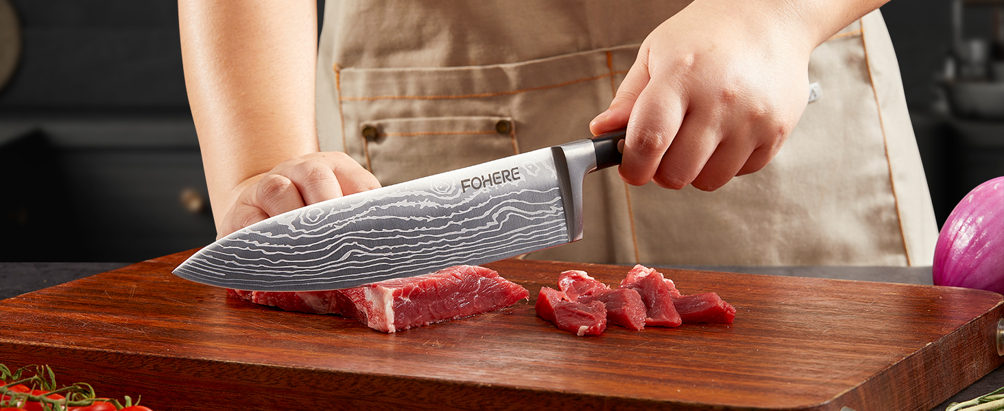 Набір ножів FOHERE 7 предметів: кухонний, для хліба, овочевий, з точилкою та магнітним блоком з нержавіючої сталі та дерева