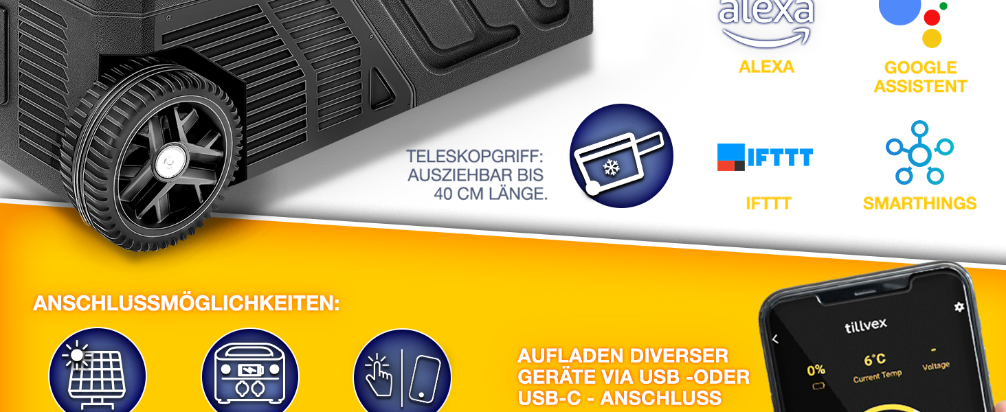 Автомобільний холодильник Tillvex Kompressor 40/50 л електричний з Wi-Fi та охолодженням до -20°C для авто, вантажівок, кемпінгу (12/24V, 230V, з акумулятором, чорний)