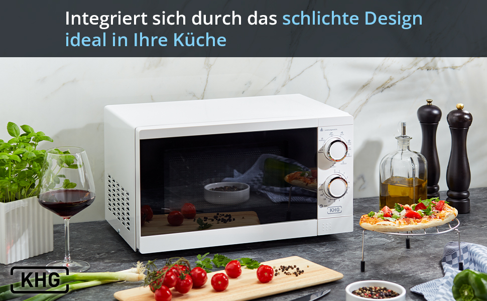 Мікрохвильова піч KHG MW-20.1GW з грилем 20л з металу білого кольору, 6 рівнів потужності та 3 комбінованих рівня, до 1 270 Вт, поворотний стіл, 30-хвилинний таймер, блокування від дітей