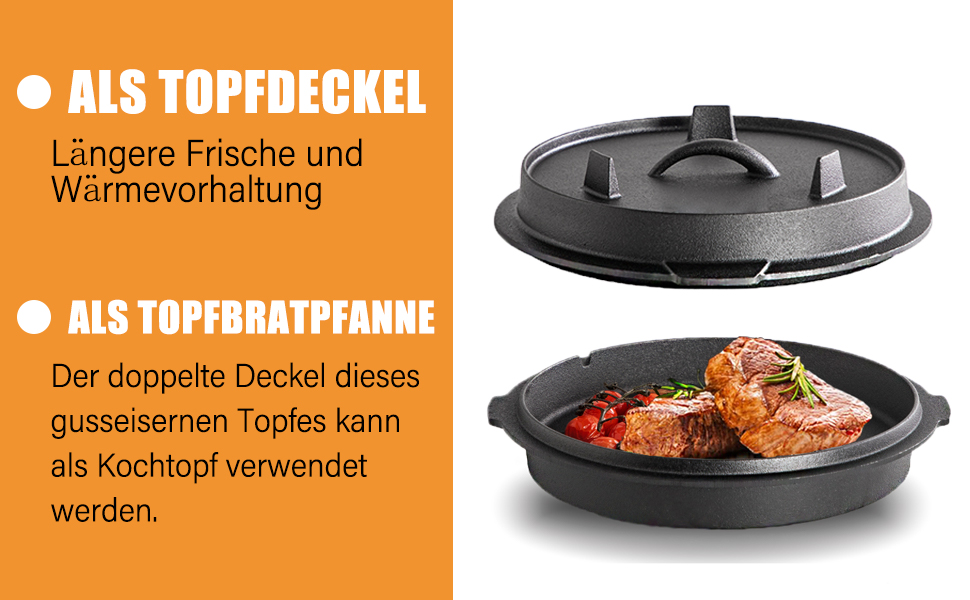 Нідерландський горщик (Dutch Oven), набір 9 літрів, чавунний горщик з кришкою-підйомником, 2-в-1, для приготування їжі на відкритому вогні та в приміщенні, чорний
