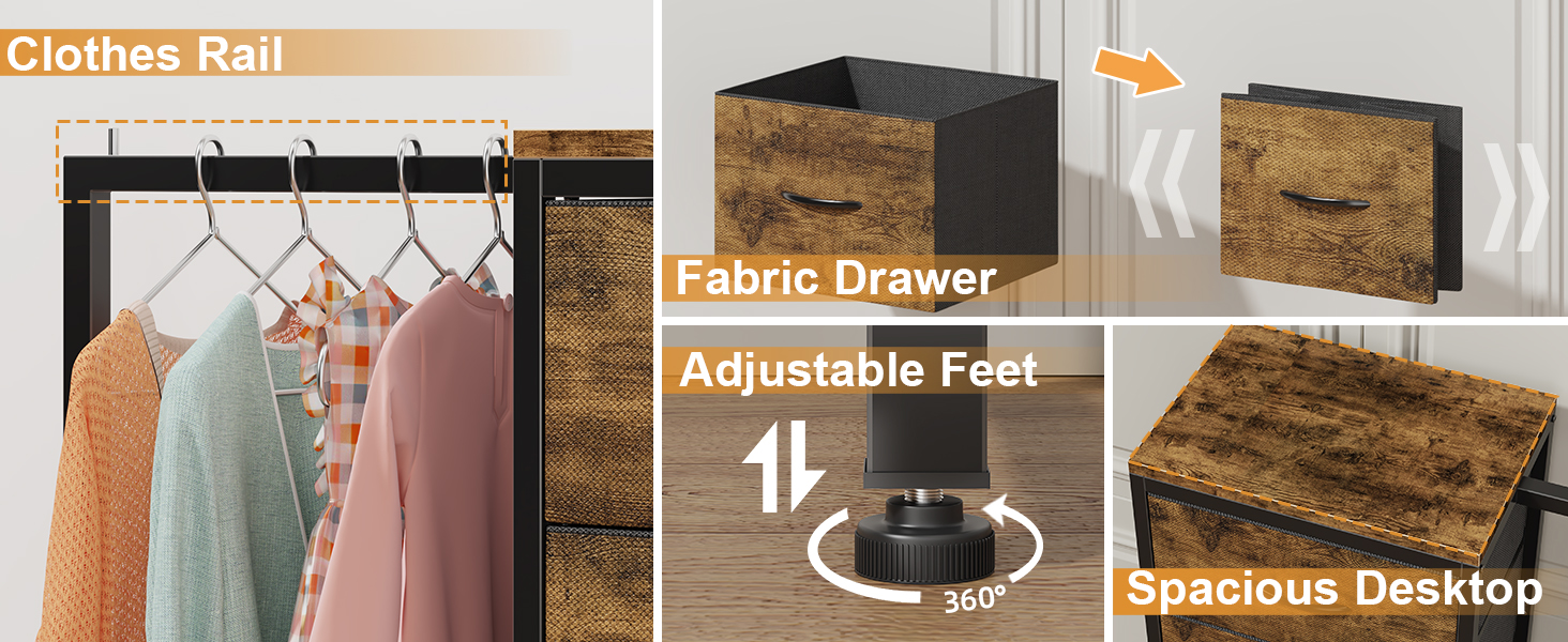 Комод 111 см з 4 висувними ящиками з тканини, з вішалкою, для спальні, вітальні, передпокою, дерев'яний, подарунок