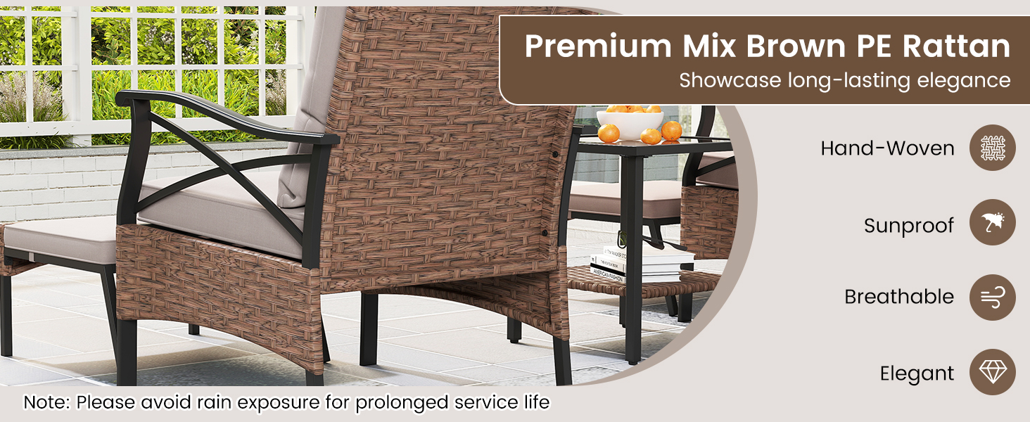 Садовий набір меблів COSTWAY з ротангу, 5 предметів: 2 крісла з подушками, пуф та стіл. Меблі для балкона, тераси, саду, коричнево-сірий колір