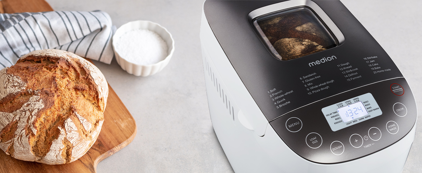 Хлібопекарня MEDION MD 12040: 20 програм, 1600г, 3 ступені пропікання, таймер