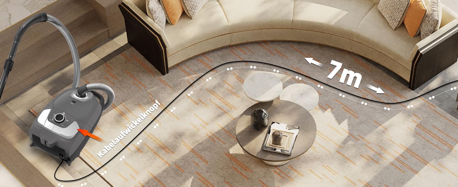 Пылесос Akitas C11 900W с мешком – сетевой шнур 7 м, радиус действия 10 м, тихая работа 70 дБ, с дополнительной насадкой для пола, регулируемая мощность всасывания, большой объем, для твердых полов и ковров