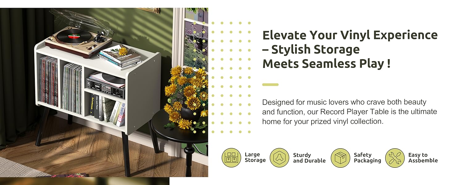 Стіл для програвача вінілу, підставка для програвача в стилі середини століття з місцем для зберігання до 150+ платівок, шафа для вінілових платівок з регульованими полицями (білий)