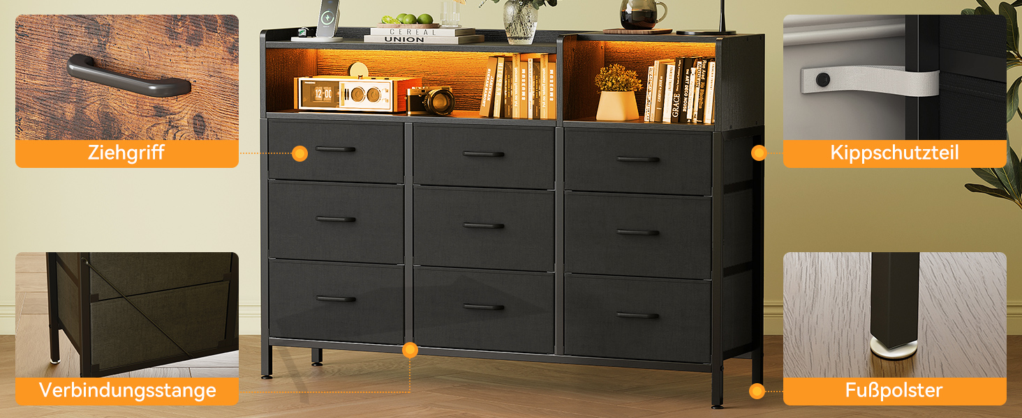 Комод ODK з шухлядами, 2 розетки, 2 USB, 10 LED-смужок, полиця, стільниця, 9 тканинних шухляд, чорний колір, 130x30x97 см