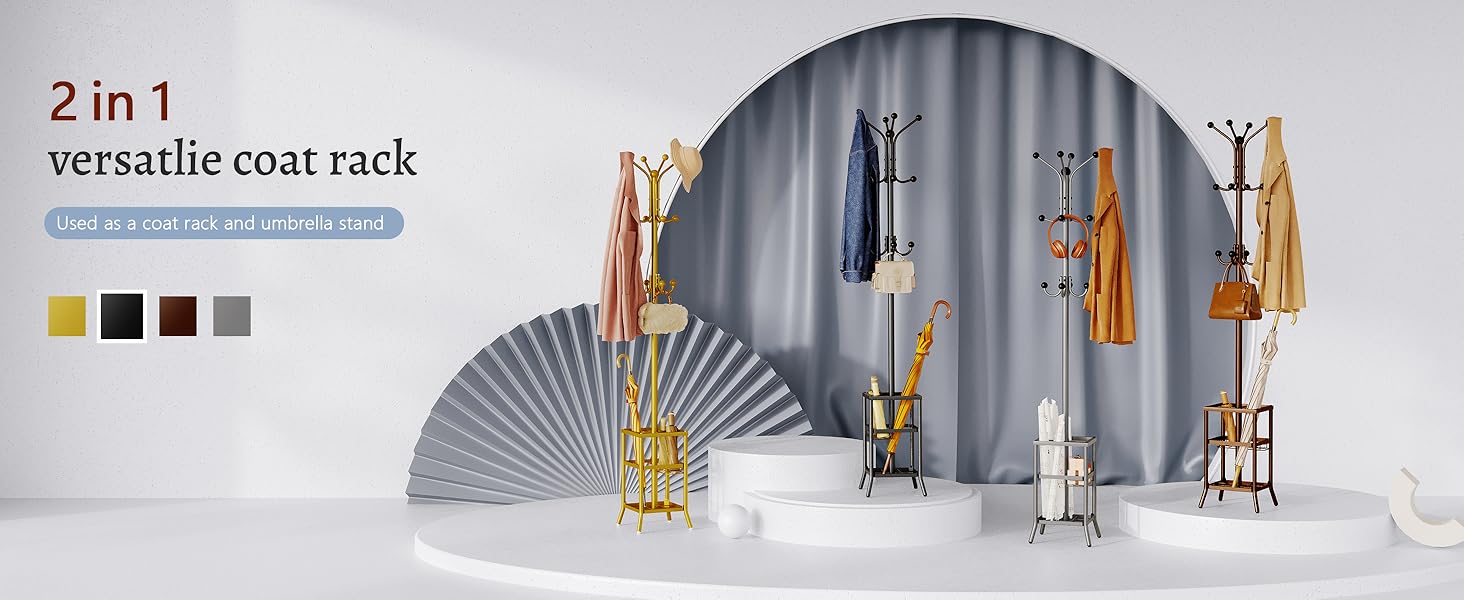 Настінна/підлогова вішалка для одягу FAVOOSTY з підставкою для парасольки, 12 гачків, срібна/чорна