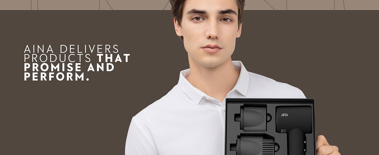 Високошвидкісний іонний фен для волосся AINA з безщітковим двигуном 160 000 об/хв, набір з дифузором, гребінцем та соплом, чорний (3A)