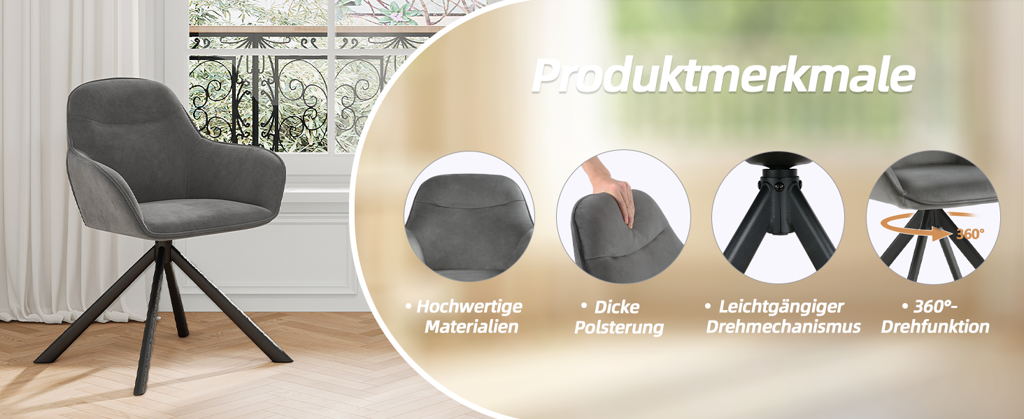 Набір з 6 обертових кухонних стільців з підлокітниками, м'який стілець з велюру, для вітальні та їдальні, темно-сірий