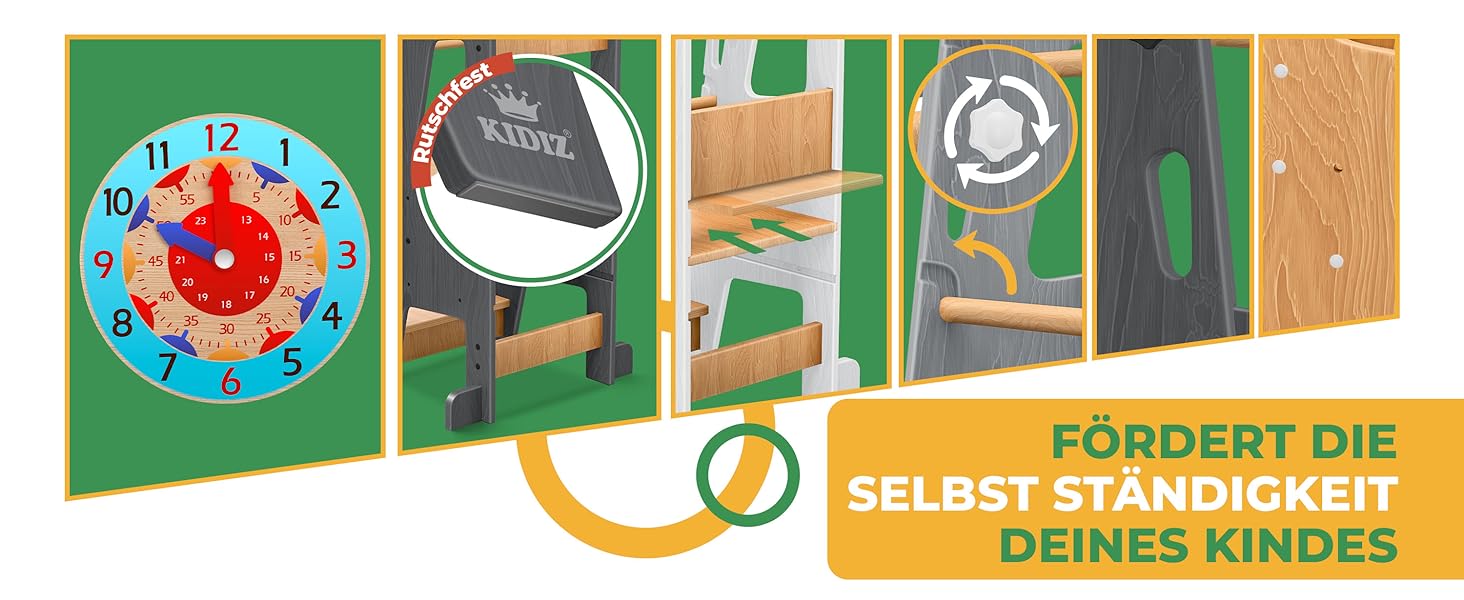 КІДІЗ® навчальний стільчик для дітей від 1 року | 3-ступеневий регульований по висоті | з навчальним годинником | дерев'яний (сосна) | розвиває моторику | Montessori Learning Tower | до 50 кг | антрацит & сосна