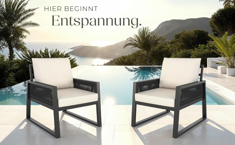 Набір садово-розкладних меблів tectake® Rope Design: 2 крісла, диван, стіл, подушки, для саду/балкону, 4 посадочні місця, вологостійкий, стиль 3