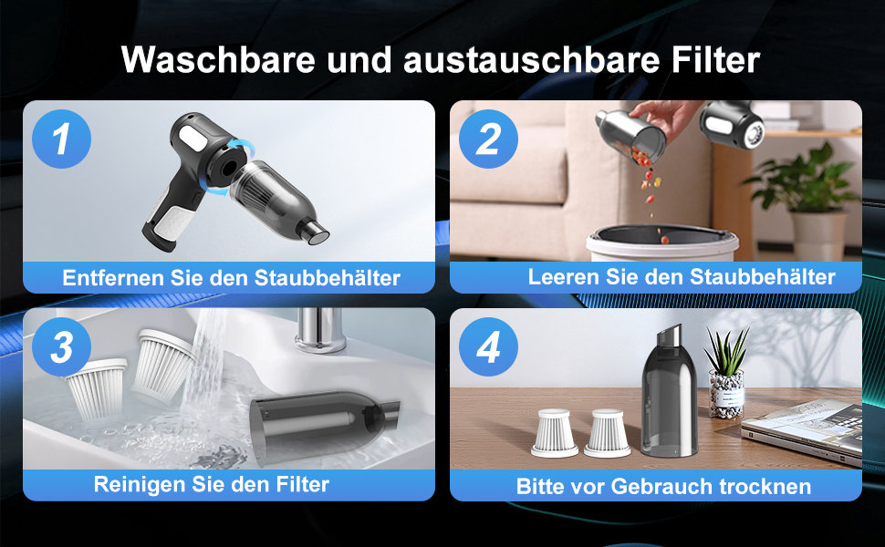 Ручний пилосос Акумуляторний автомобільний, 7000Pa Маленький ручний пилосос Акумуляторний Strong зі швидкою зарядкою USB-C, Автомобільний пилосос 3 в 1 Потужний акумуляторний пилосос для автомобіля, офісу та дому з безліччю насадок та 2 фільтрами