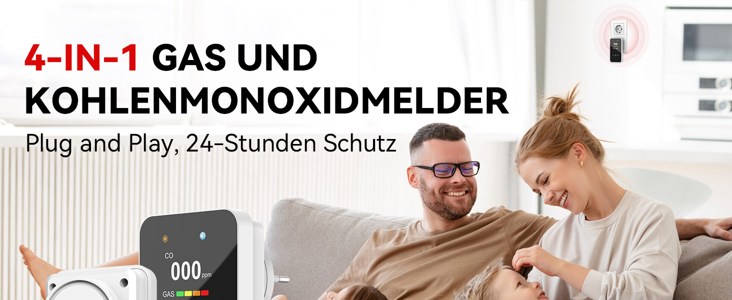 Детектор чадного газу та газу з вилкою, 4-в-1 CO-детектор з датчиком температури та вологості, з акустичним сигналом для дому та автодому, 1 шт. (Чорний) (Weiß 1 Quadrat)