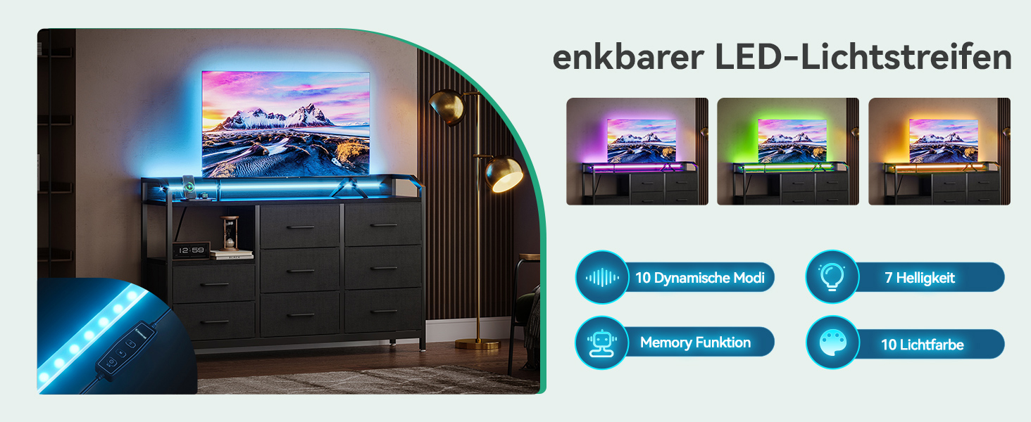 Комод ODK з висувними ящиками та LED-підсвіткою, 10 кольорів, 2 USB та 2 AC розетки, 8 тканинних ящиків, для вітальні та спальні, 110x30x88 см (Чорний)