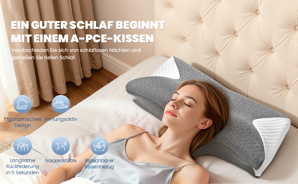 Ортопедична подушка A-Pce з піни Memory Foam для шиї та спини, сіро-біла. Для сну на боці, спині та животі. Зменшує біль у шиї, плечах та спині.