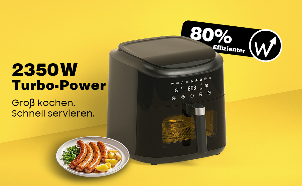 Фритюрниця гарячим повітрям XXL 2350W - Airfryer з 9 програмами, LED дисплеєм, функцією підігріву та металевим корпусом (9L)
