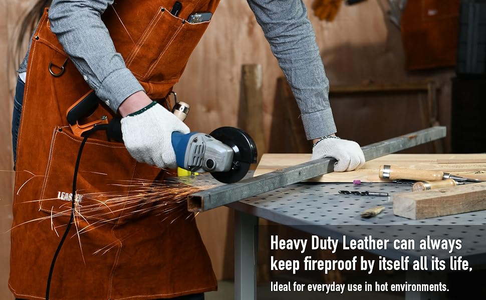 Шкіряний фартух для зварювальника LeaSeek – термостійкий та вогнестійкий, з 6 кишенями, великий розмір (M-XXXL), 61x91 см + шкіряні рукавички